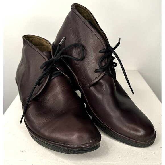 Shoes - Fly London Boots Womens 39 US 8-8.5 Lace-Up Leather Ankle Wedge Heel Burgundy